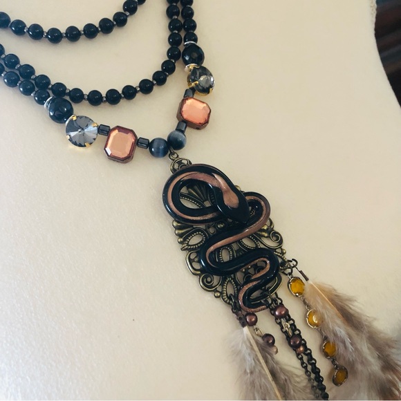 Handcrafted filigree snake Czech Pearl genuine onyx gemstone clasp necklace - Picture 5 of 12